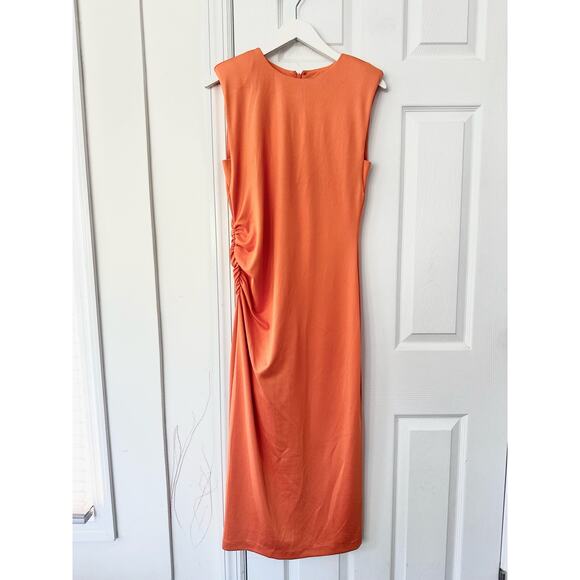 Evereve Zoe Strong Shoulder Ruched Midi Minimalist Slip Dress Orange Sorbet S - Picture 2 of 12